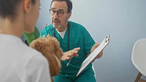 vet-talking-with-pet-owner-while-owner-holds-dog